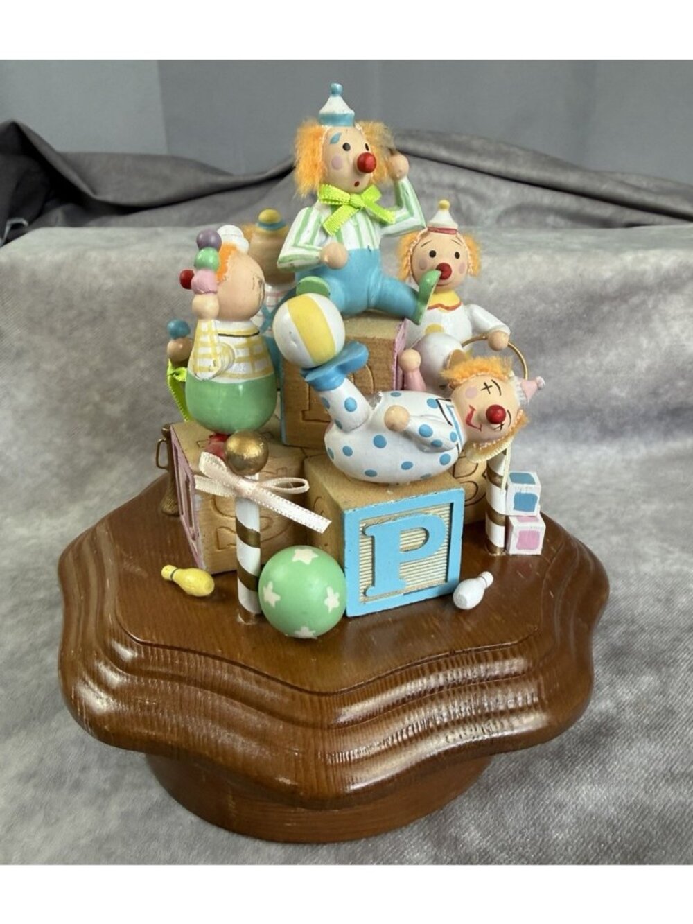 1987 Carousel Schmid Music Box Wood Spinning Clowns Toys "Toy Land" WORKS VTG